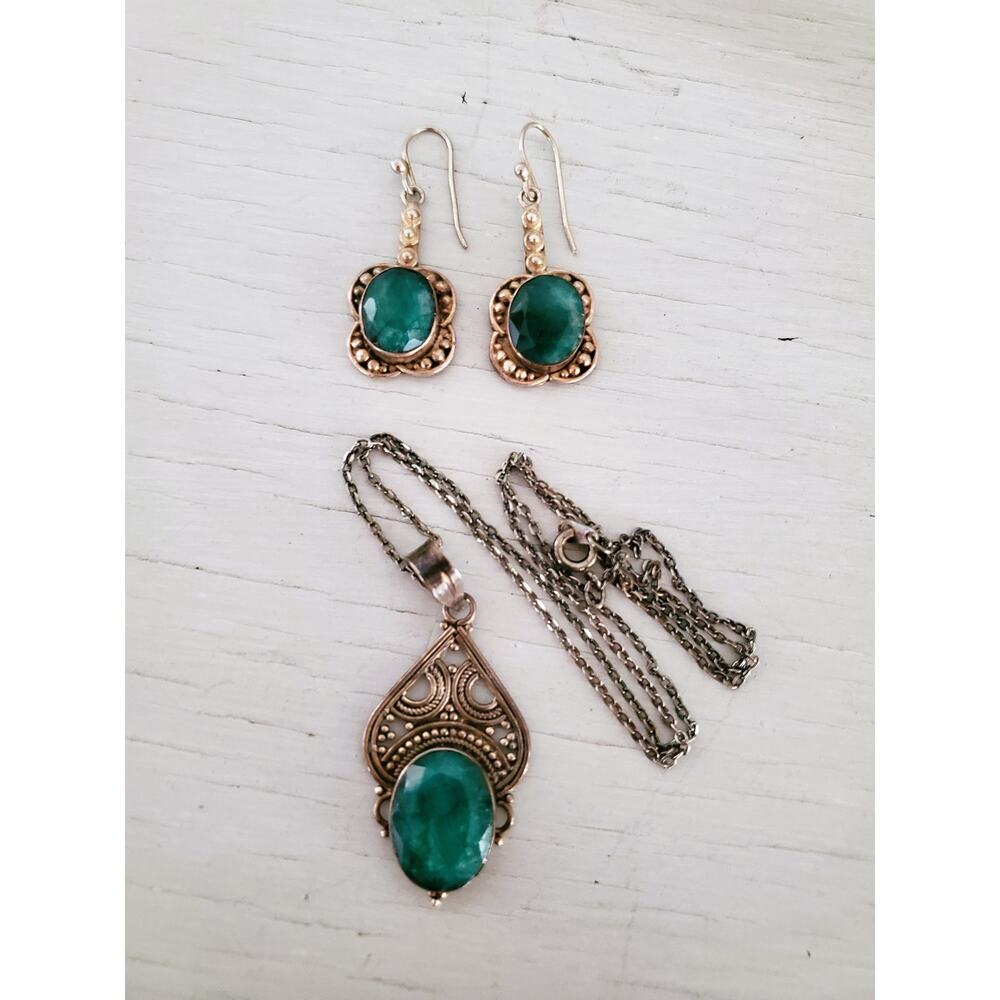 Vintage Sterling Silver Bali Filigree Emerald Necklace and Earring Set